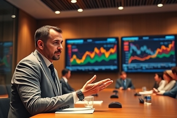 clear reporting metrics, confident expression, explaining figures, photorealistic, corporate meeting room with a large screen, highly detailed, financial charts and stock indices, prime lens, warm hues, direct light, shot with a Leica Q2