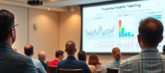 comprehensive reporting visualization, thoughtful expression, presenting to an audience, photorealistic, conference room with a projector and audience, highly detailed, colorful graphs and timelines, macro lens, pastel colors, spotlight focus, shot with a Sony A7 III