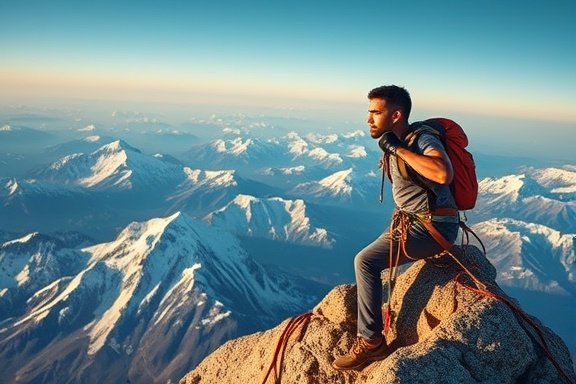 steady growth progress, determined expression, climbing a mountain peak, photorealistic, breathtaking nature view with blue skies and snowy peaks, highly detailed, dynamic climbing gear, fine texture, cool tones, golden hour lighting, shot with a 24mm lens.