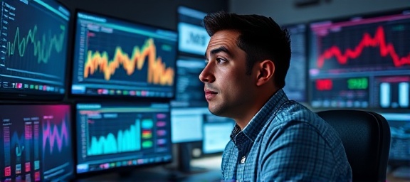 dynamic reporting dashboard, engaged expression, interacting with digital screens, photorealistic, tech lab with multiple monitors and neon lighting, highly detailed, data streams and notifications, ultrawide lens, vibrant colors, ambient reflection, shot with a Nikon D850