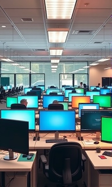 expansive dealer network, confident and strategizing, planning an expansion, photorealistic, open office space with multiple desks and computers, highly detailed, interconnected computer screens, shot with a Sony 24mm f/1.4 lens, pastel colors, overhead fluorescent lighting