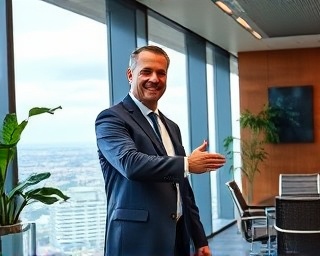 esteemed dealer, proud, shaking hands with a partner, photorealistic, in an elegant boardroom with panoramic city views through glass walls, highly detailed, leaves rustling from a nearby plant, HDR, rich wood tones, directional lighting, shot with a telephoto lens