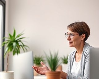 focused coaching call, attentive expressions, offering guidance, photorealistic, minimalist office decor with indoor plants, highly detailed, subtle facial expressions, ISO 200, neutral pastel colors, overhead lighting, shot with a 50mm lens.