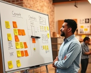 dynamic growth development, thoughtful expression, sketching on a whiteboard, photorealistic, creative workspace filled with colorful post-it notes and blueprints, highly detailed, bustling with activity, sharp focus, warm colors, soft ambient lighting, shot with a 35mm lens.