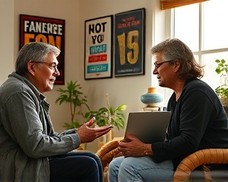 motivational coaching call, encouraging expressions, providing feedback, photorealistic, relaxed home office with motivational posters, highly detailed, hands-on gestures, f/5.6 aperture, earthy colors, soft evening light, shot with a 70mm lens.