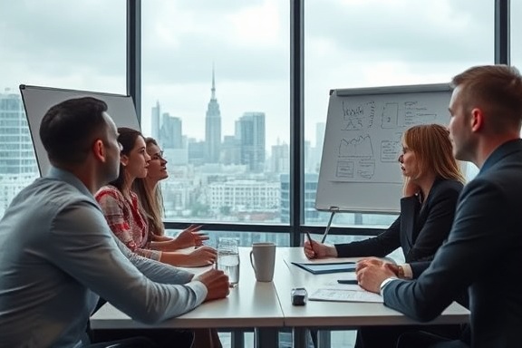 dynamic dealer relations, exchanging ideas, brainstorming, photorealistic, conference room with a city view in the background, highly detailed, whiteboard with diagrams and notes, shot with a Canon 50mm f/1.2 lens, cool tones, diffused natural light