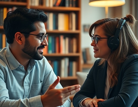 collaborative call consultation, concentrated expressions, sharing insights, photorealistic, cozy office setting with bookshelves in the background, highly detailed, subtle nodding and listening gestures, f/2.8 aperture, warm tones, ambient lighting, shot with a 35mm lens.