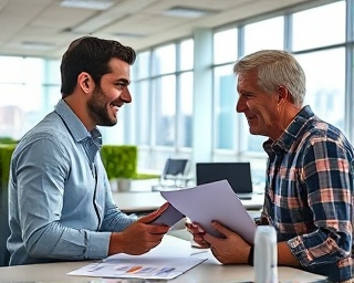 energetic call consultation, animated expressions, analyzing data, photorealistic, bustling open-plan office with a view of the city, highly detailed, back-and-forth dialogue with charts visible, shutter speed 1/250s, bright colors, natural daylight, shot with a 24-70mm lens.