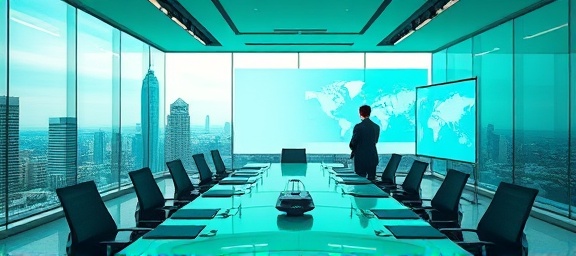comprehensive growth planning, ambitious, plotting a company’s future trajectory, photorealistic, inside an illuminated boardroom with panoramic city views, highly detailed, strategic focus on a digital whiteboard, 6k resolution, crisp emerald tones, cool LED overhead lighting, shot with a telephoto lens.