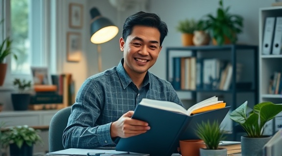 goal-oriented manager, optimistic expression, organizing files, photorealistic, at a meticulously arranged home office with plants and books, highly detailed, serene atmosphere infused with nature, cool-toned color scheme, ambient lamp lighting, shot with a 50mm lens.