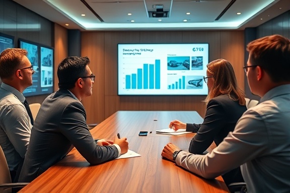 innovative dealer communication, attentively listening and presenting, discussing strategies, photorealistic, boardroom with large wooden table and digital display boards, highly detailed, presentation slides on screen, shot with a Canon 70mm f/2.8 lens, rich colors, directional spotlighting