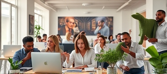 creative growth tactics, unconventional, breaking traditional boundaries, photorealistic, set in a co-working space filled with diverse teams, highly detailed, energetic and spontaneous atmosphere, 5k resolution, pastel and bright hues, diffused daylight, shot with a prime lens.
