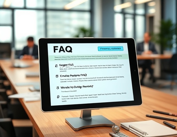 innovative FAQs design, engaging, utilizing a collapsible layout, photorealistic, on a digital device screen in an office setup, highly detailed, clear typography and icons, vibrant colors, natural daylight, shot with a standard zoom lens.