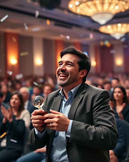 successful growth success, joyous expression, receiving an award, photorealistic, conference hall filled with applauding audience members, highly detailed, confetti falling, crisp clarity, vibrant colors, bright stage lighting, shot with a 85mm lens.
