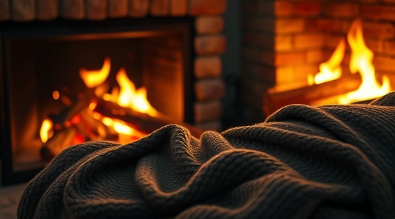 cozy starter package, comforting, nestled by a roaring fireplace, photorealistic, with a soft-knit blanket folded nearby, highly detailed, flickering flames casting warm shadows, 5k resolution, soft browns and reds, low key lighting, shot with a 35mm lens