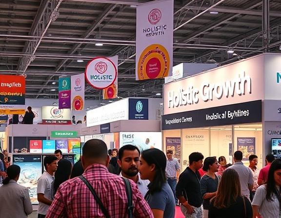 holistic growth marketing, inclusive, engaging a diverse audience, photorealistic, depicted at a global expo with interactive booths, highly detailed, vibrant multicultural exhibits, 5k resolution, lively chromatic scheme, consistent event lighting, shot with a 35mm lens.