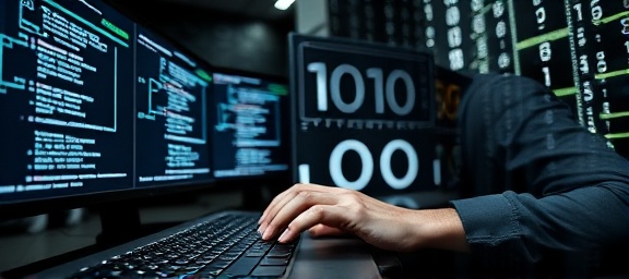 advanced reporting data, intense expression, typing on a keyboard, photorealistic, high-tech workspace with holographic displays, highly detailed, binary codes and datasets, tilt-shift lens, monochrome, soft illumination, shot with a Fujifilm X-T4