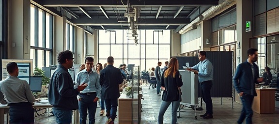 strategic growth marketing, forward-thinking, implementing a new campaign, photorealistic, bustling urban office open-space, highly detailed, dramatic team collaboration, 4k resolution, muted earthy tones, soft ambient light, shot with a 50mm lens.