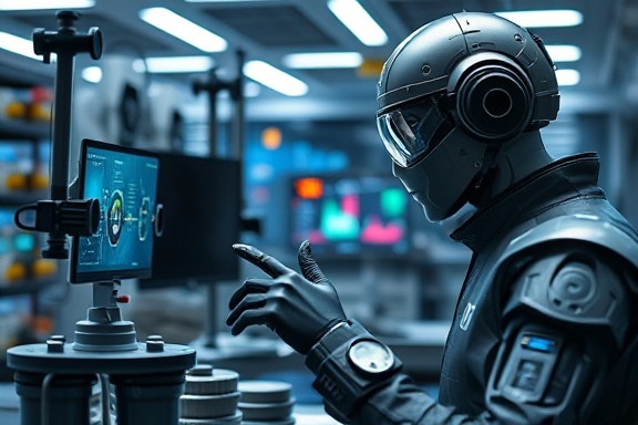 innovative growth optimization, analytical, fine-tuning business algorithms, photorealistic, in a tech-laden lab with futuristic gadgets, highly detailed, dynamic interaction with AI interfaces, 7k resolution, sleek metallic shades, precision spotlighting, shot with a macro lens.