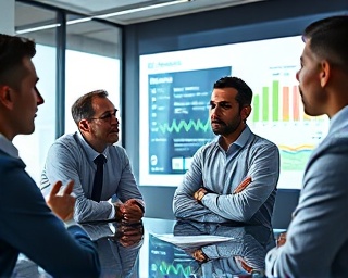 innovative strategy meeting, thoughtful expressions, discussing new solutions, photorealistic, sleek conference room with interactive boards, highly detailed, finger pointing at screen, ISO 320, contrasting blacks and whites, directional lighting, shot with a 16mm lens.