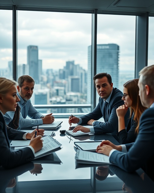 dynamic strategic session, curious expressions, brainstorming ideas, photorealistic, boardroom with cityscape view, highly detailed, animated conversation with notepads open, shutter speed 1/125s, deep blues and greys, directional lighting, shot with a 24mm lens.