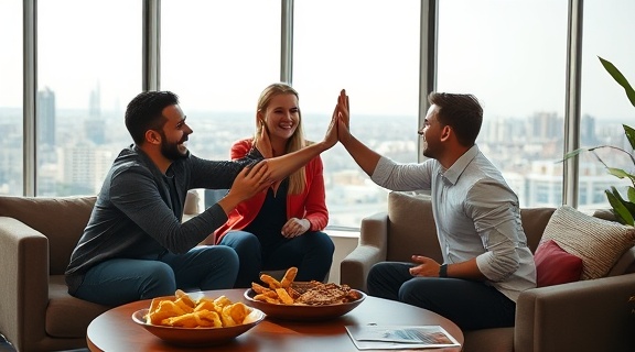 integrated dealer relations, high-fiving and smiling, celebrating a successful partnership, photorealistic, casual meeting space with couches and a view of the city, highly detailed, snack platters and project outlines, shot with a Leica 90mm f/2.0 lens, bright colors, warm ambient light