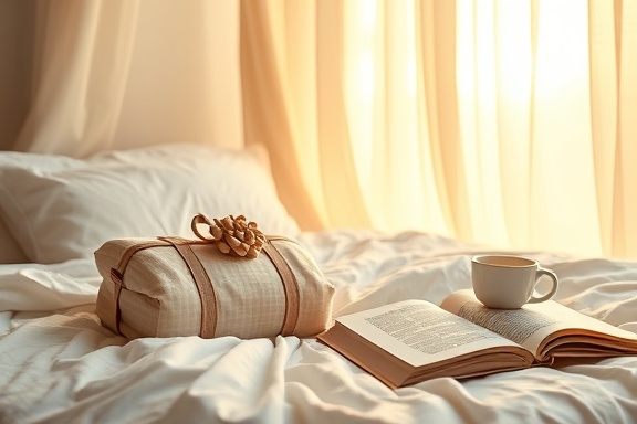 neat starter package, engaging, resting on crisp white linens, photorealistic, a warm sunlit morning glowing through sheer curtains, highly detailed, gentle breeze ruffling a nearby book page, 8k resolution, pastel colors, golden-hour lighting, shot with a 50mm lens