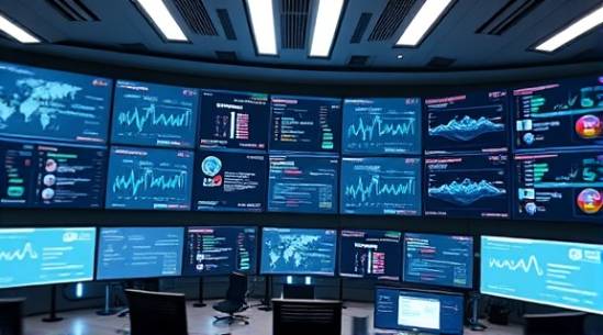 efficient SocialMediaManagement, determined, analyzing, photorealistic, sleek control center with multiple monitors, highly detailed, flowing information graphics, crisp image, neutral, fluorescent lighting, shot with a tilt-shift lens.