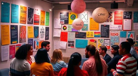 creative SocialMediaMarketing, inspired, pitching ideas, photorealistic, vibrant team space full of colors and posters, highly detailed, brainstorming bubbles, vivid resolution, multi-colored, warm incandescent light, shot with a standard lens.