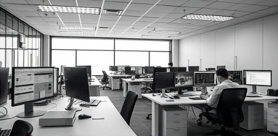 organized SocialMediaManagement, precise, executing plans, photorealistic, minimalist office with neat workstations, highly detailed, task-oriented screens, sharp focus, monochrome, bright overhead lights, shot with a prime lens.