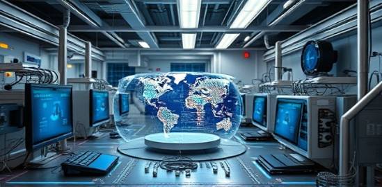 technologically advanced SocialMediaTools, resourceful, integrating systems, photorealistic, tech lab environment with futuristic tools, highly detailed, seamless connections, high-fidelity visuals, metallic, focused spotlighting, shot with a zoom lens.