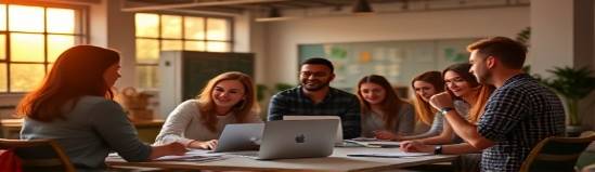 collaborative SocialMediaStrategy, enthusiastic, designing campaigns, photorealistic, open space office with diverse team members, highly detailed, interactive communication, high clarity, rich, warm evening light, shot with a long-focus lens.