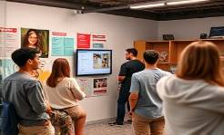 trend-driven SocialMediaMarketing, enthusiastic, sharing insights, photorealistic, bustling workspace with digital boards, highly detailed, live social feeds, clear resolution, lively, cool reflective lighting, shot with a wide-angle zoom lens.