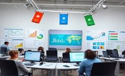 effective SocialMediaManagement, strategic, coordinating efforts, photorealistic, spacious office with organized charts, highly detailed, synchronized displays, high precision, soft, directed studio lights, shot with a close-up lens.