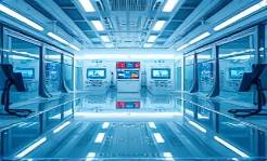 innovative SocialMediaTools, adaptive, developing solutions, photorealistic, cybernetic lab with glass tables, highly detailed, advanced software interfaces, superior clarity, sterile, high-intensity lamps, shot with a super-telephoto lens.